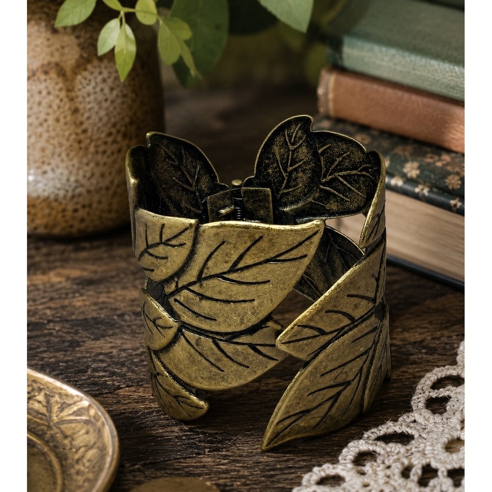 Leaf Cuff Bracelet Hinged Boho Nature Statement Wide Laurel Wreath